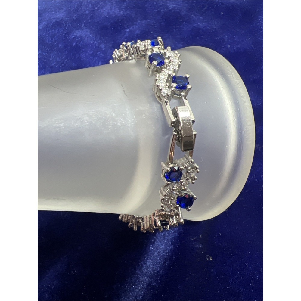 Tennis‎ Bracelet Blue Clear Crystal Cubic Zirconia Silver Tone 6.5" - Picture 11 of 12